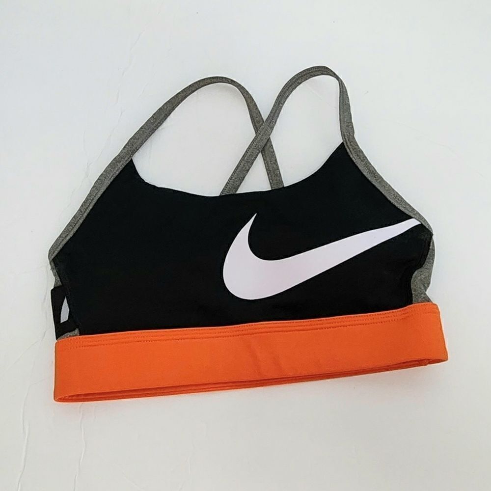 Nike women's work out bra size small spellout dri fit black and orange colorway